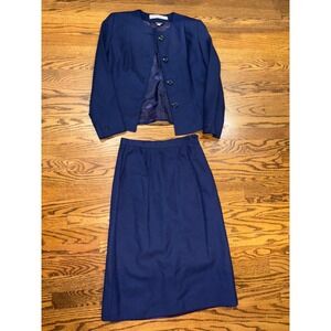 Vintage Bert Newman Made in USA Classic Navy Blue Blazer Skirt Suit Set 8